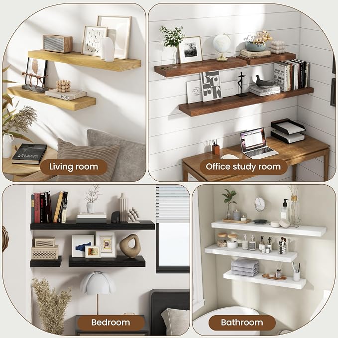 36 Inch Floating shelves for Wall, 8 Inch Deep, Invisible Brackets, White | Rustic Wall Mounted Shelf, Storage & Display, Wooden Shelves for Living Room, Kitchen, Bathroom and Home Decor, Set of 2