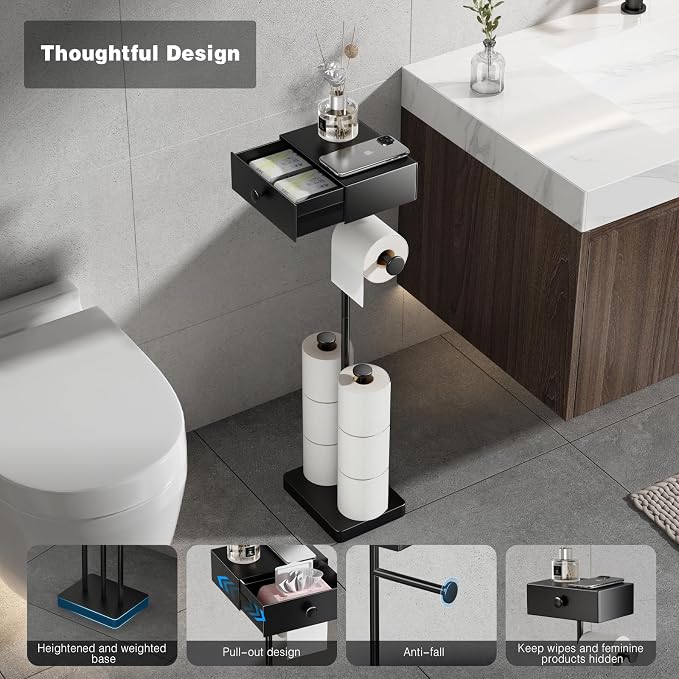 VOLDRA Toilet Paper Holder Stand with Shelf, Free Standing Black Toilet Paper Roll Holder with Wipes Storage Drawer Heavy Duty Floor Bathroom Tissue Holder Freestanding No Drill Tp Holder for 7 Rolls