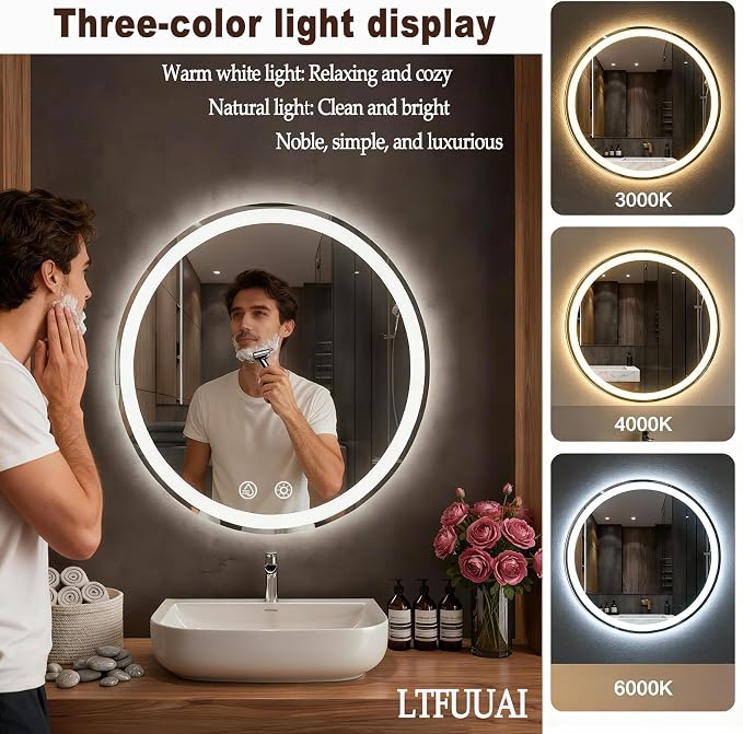 LTFUUAI 24" Round LED Bathroom Mirror with Lights, Front & Back Light | Lighted Bathroom Mirror, Touch 3-Color Stepless Dimming, Wall Mounted, Anti-Fog Shatterproof, UL Listed