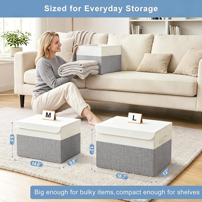 Large 17" 42 Quarts Collapsible Stackable Storage Bins with Lids [3-Pack] Foldable Fabric Linen Storage Boxes Cube, Closet Organizer Baskets with Label (16.7 x 12 x 12, Gray & White)