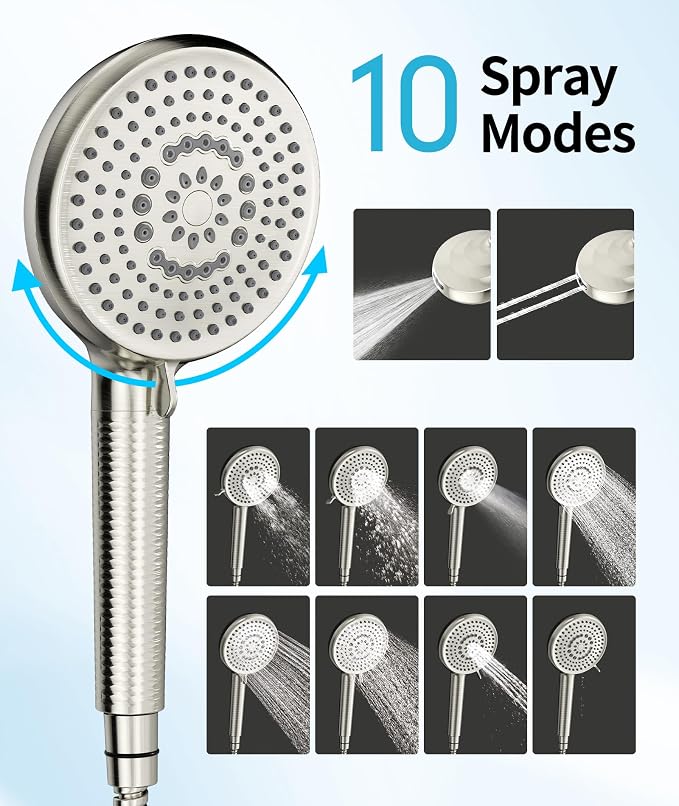 Filtered Shower Head with Handheld, 10 Spray Mode High Pressure Shower Head with Filters, Shower Filter Head for Hard Water, Powerful Spray for Cleaning, 2 Replaceable Filters Included, Brushed