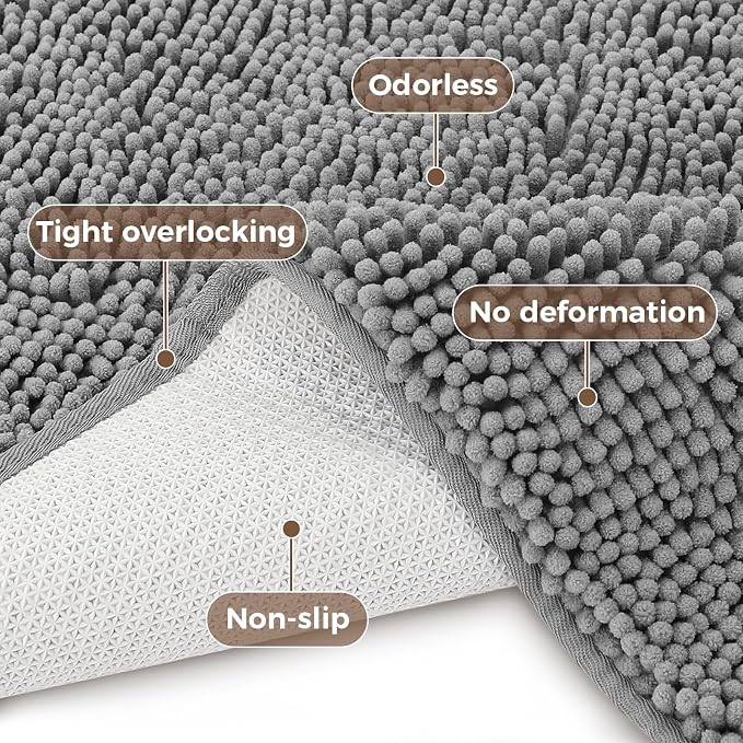Bcoimo Bath Rug Mat Sets, 2 Piece Extra Soft Chenille Gray Bathroom Mat Set | Non Slip with Rubber BackingBathroom Rug set; Machine Washable;Extra Soft Bath Rug;High Absorbent、Quick Drying Microfiber mat