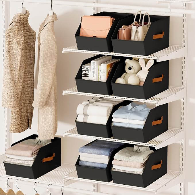 Large Closet Storage Cubes - Closet Storage Bins with Dual Handles for Clothes, Towels, Toys, Shelf Organizer Bins for Bedroom, Nursery, Shelves, Small Spaces, Black, 6 Pack