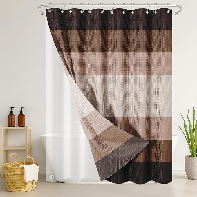 3 in 1 Shower Curtain and Liner,36 x 72 inch, Modern Brown | Striped Shower Curtain and PEVA Liner Set with 12 Rust-Resistant Metal Hooks, Waterproof Fabric Curtains for Bathroom