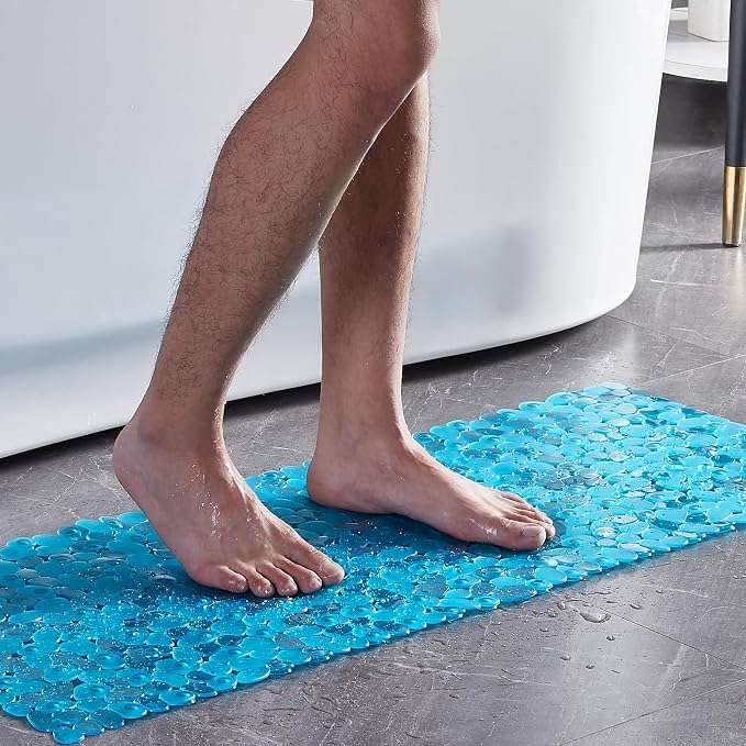 Webos Bath Shower Mat Non Slip: Extra Large Pebble Bathtub mat for Families, Anti Slip Shower Matt with Drain Holes Suction Cups Tub Mat - 16 X 40 Inch Clear Green