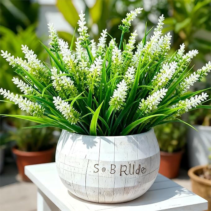 Geegoods 24 Bundles White Artificial Plants Flowers Outdoor, UV Resistant | Faux Plants with Monkey Grass, Realistic Plastic Flowers for Garden Porch Window Box Patio Hanging Planter Decor