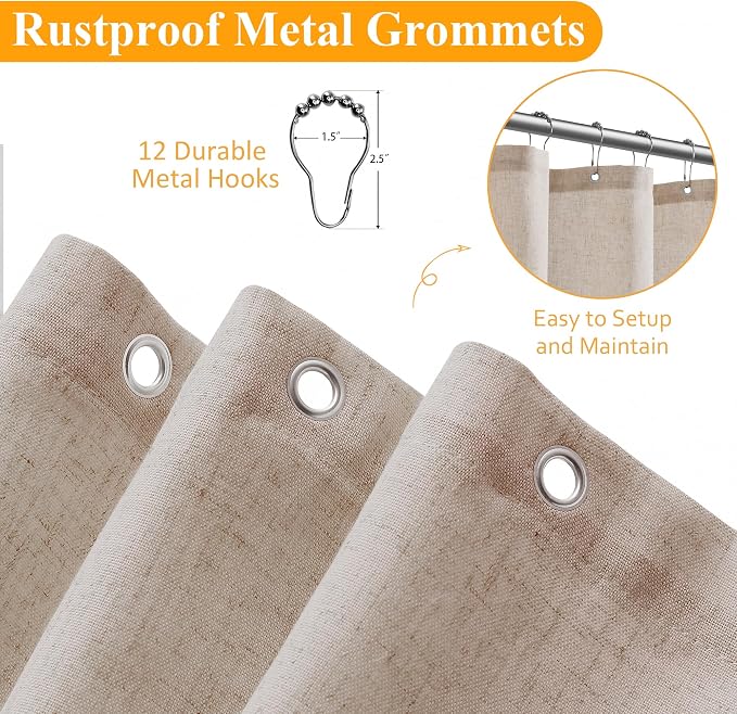 Extra Long Linen Shower Curtain 96 Inch Long for Bathroom Boho Farmhouse Fabric Shower Curtains Set with Hooks Neutral Cloth Modern Cottage Core Waterproof,Cream Beige