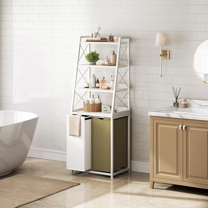 Herture Laundry Basket, 2 Section Laundry Hamper with 4 Tiers Shelf, Pull-Out and Removable Laundry Bags, Large 2 x 15.87 Gallons, for Bedroom Bathroom White PF11XLE