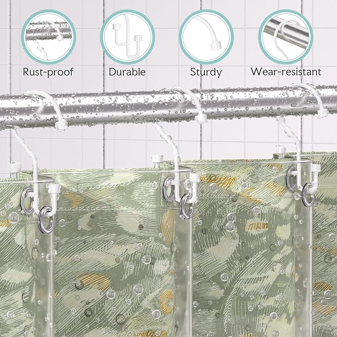 Bathway 12-Pack Double Shower Curtain Hooks, Rust-Resistant Metal Shower Curtain Rings with High-Low Design to Separate Liner & Curtain, Smooth Glide, White