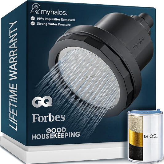 MyHalos® Filtered Shower Head, Shower Head Filter for Hard Water (Black) | High Pressure, Removes Chlorine & Heavy Metals, Water Softener, Filter Shower Head, Water Filter, Filtro Para Ducha De Baño