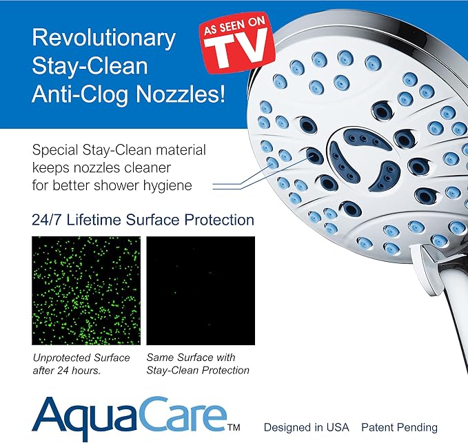 AquaCare 8-mode High Pressure Handheld Shower Head with 2-mode Power Wash | Stay Clean Nozzles, Dual Power Wash for Tub, Tile & Pets, Long 6 ft. Stainless Steel Hose, Wall & Overhead Brackets / Chrome