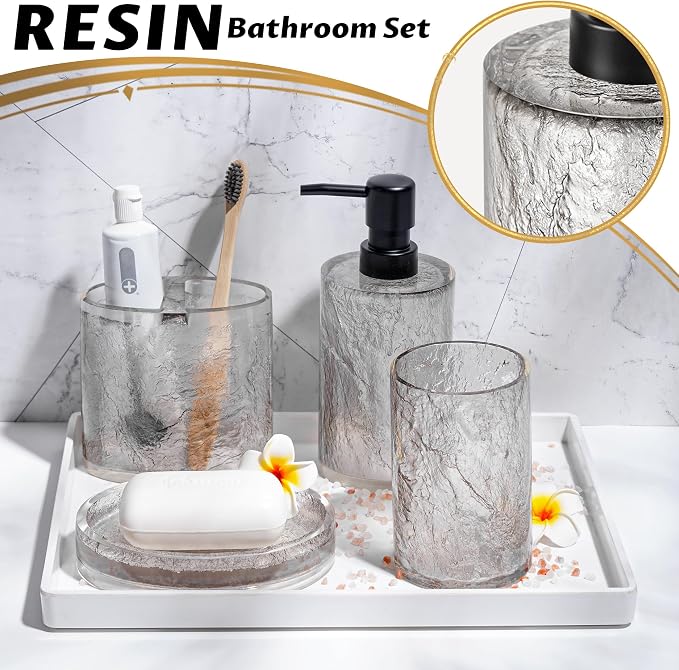RQYIXI Resin 5-Piece Bath Accessories Set, Silver Crackle, Cotton Swab Jar | bathroom accessories set clear resin silver ice crackle texture shatterproof unbreakable modern countertop organization