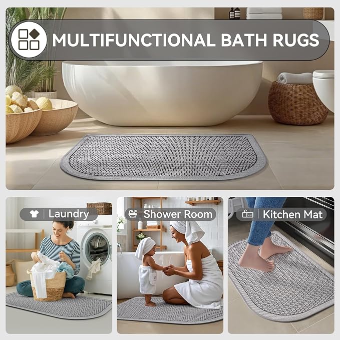 Half Circle Bath Mat, Thin Bathroom Rugs Fit Under Door, Grey 20x31 | Non Slip, Quick Dry Absorbent, Rubber Backing Washable, Semi Circle Bathmat for Bathroom Floor, Tub and Shower, Home Decor
