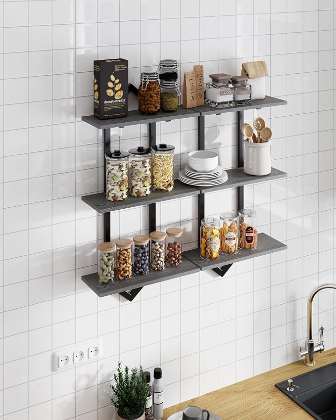 3 Tier Floating Wall Shelves, Set of 2 Decorative Wooden Shelf | Modern Geometric Hanging Storage Shelves for Living Room, Bedroom, Kitchen and Office, Perfect for Books, Plants and Decor