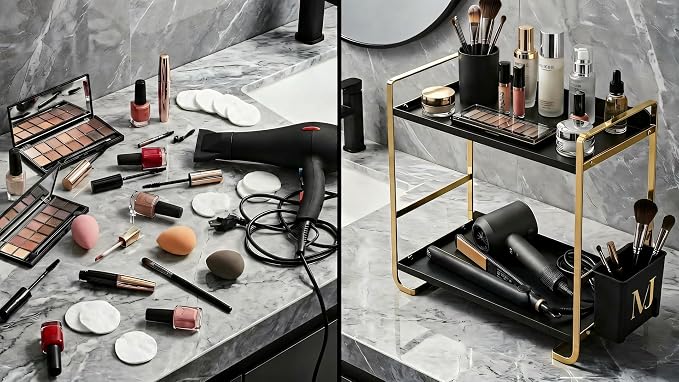 2 Tier Bathroom Countertop Organizer, Black and Gold | Side Caddy, Metal Construction, Slim Counter Storage Rack, For Vanity