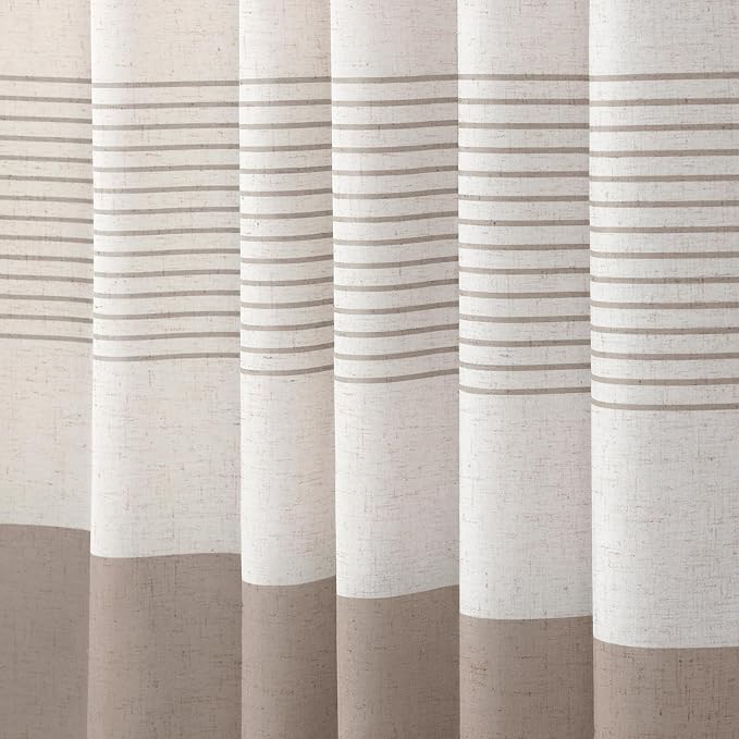 Taupe Farmhouse Linen Striped Shower Curtain with Tassel 72"W X 72"L | Boho Farmhouse Shower Curtains with Linen Texture for Bathroom Decor