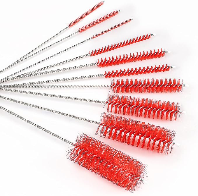 CiaraQ Bottle Cleaning Brushes, 8 Inch Nylon Tube Brush Set | Red Cleaner for Narrow Neck Bottles Cups with Hook, Set of 10pcs.
