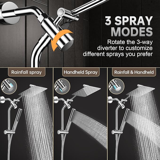 Veken All Metal 8" Luxurious Rain Shower Head with Handheld,High Pressure | Dual Shower Heads Spray,Power Wash Wand,Detachable Showerhead Combo,Small Square Adjustable Rainfall ,Spa-like,Chrome,Silver