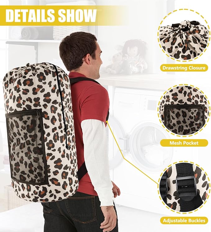 Olosar Laundry Bag Backpack, Extra Large Travel Laundry Bag with Mesh Pocket & Adjustable Shoulder Straps,Dirty Clothes Travel Bag for College Students Dorm,Apartment(Leopard Print)