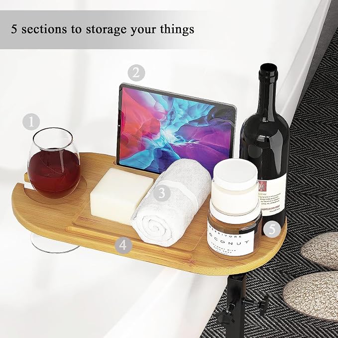 Bathtub Tray, 3 Layer Bathtub Tray Table with Adjustable Height, Enhanced Stability, Freestanding Premium Bamboo Bath Tub Tray for Spa,Bathtub, Bed, Sofa, Couch with Wine Glass Hold (3 Layer)…