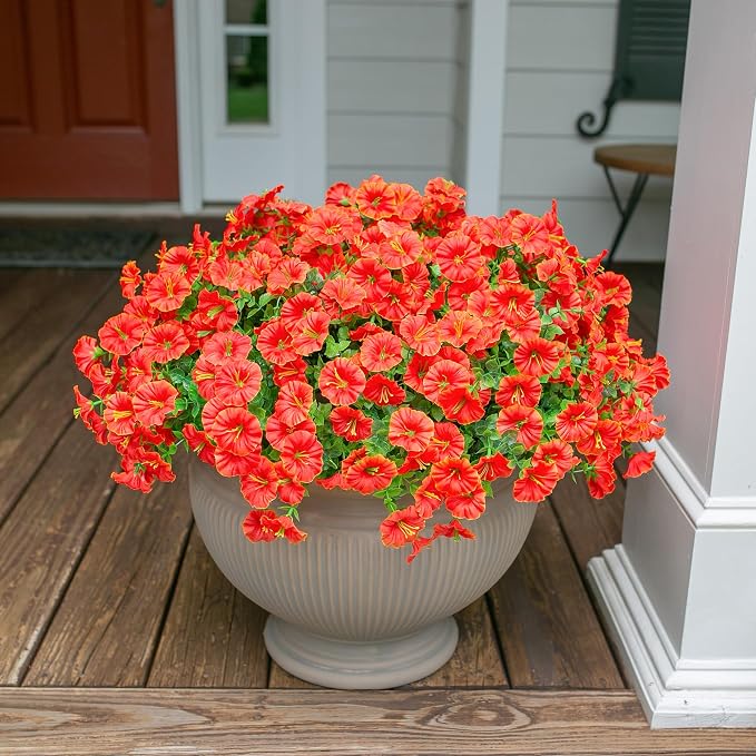Artificial Flowers for Outdoors Fake Plants Spring Summer Decor, 12 Bundles Orange Silk Morning Glory with Eucalyptus Look Real UV Resistant Faux Flowers for Outside Planters Front Door Yard Indoor