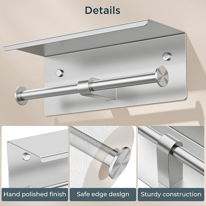 FORIOUS Toilet Paper Holder with Shelf, Commercial Toilet Paper Dispensers | Brushed Nickel 4 Pack | Wall Mount Bathroom Tissue Holder | SUS304 Stainless Steel Rustproof | Double Tissue Roll Holder