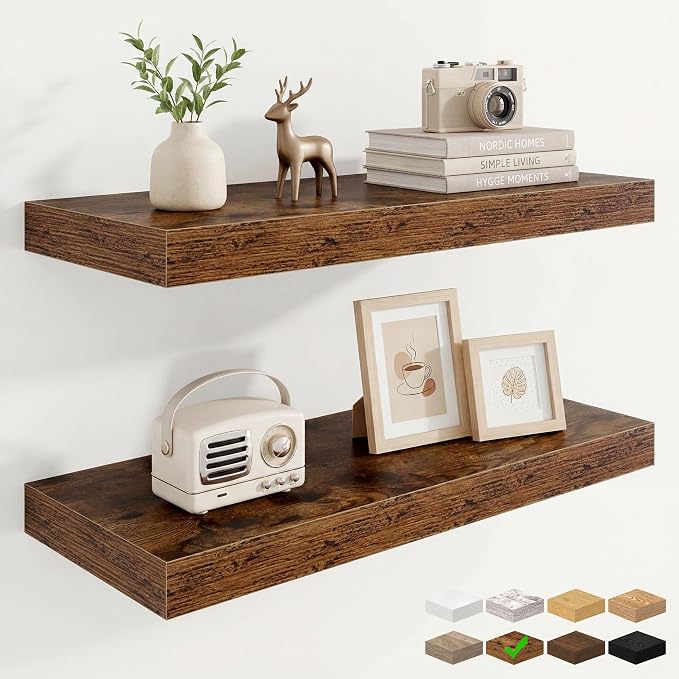 9.25in Depth 24in Floating Shelves, 24x9.25x1.4, Rustic Brown, Set of 2 | Wall Mounted Engineered Wood Shelves, Invisible Brackets for Living Room, Bedroom, Bathroom, Kitchen Decor and Storage