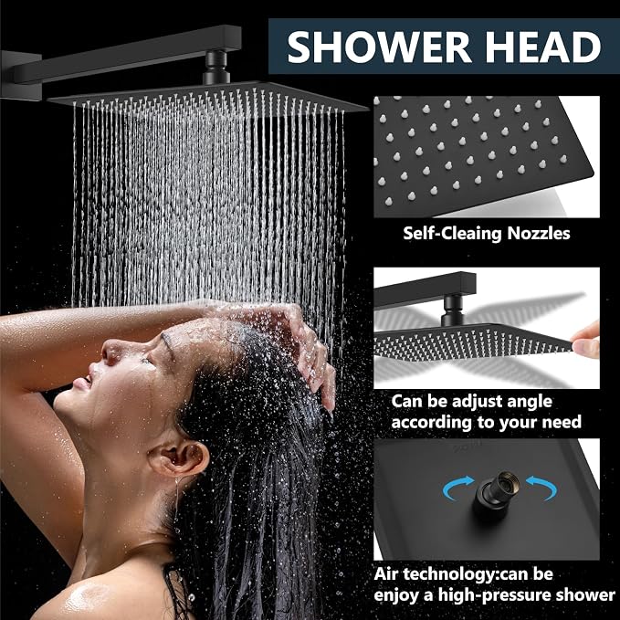 Aolemi Shower Faucet Set with Handheld Matte Black 16 Inch Head | Pressure Balance Shower Valve and Trim Kit,SUS304 Rain Head and Handle System,All Metal,Wall Mount,Bathroom,Handheld Spray