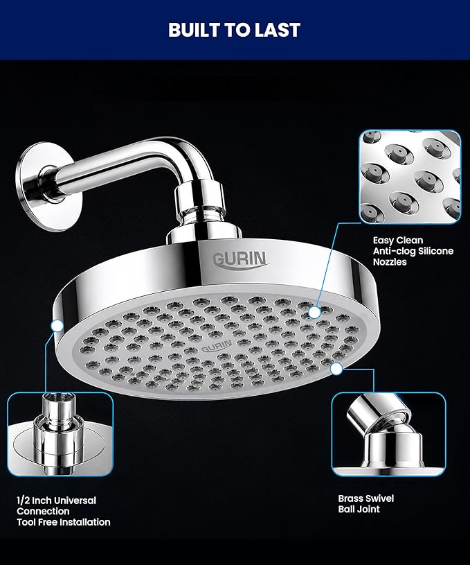 Shower Head - Luxury Polished Chrome Finish - Rain Showerhead 6 Inch | High Pressure Shower Heads with Adjustable Angles, 90 Anti-Clog Nozzles, Tool-Free 1-Min Install