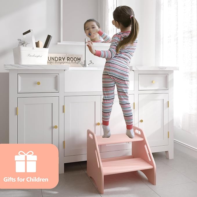 AMBIRD Wooden Step Stool, Two Step Stools Toddler 300 lbs Capacity with Safety Non-Slip Pads and Handles, Bamboo Step Stool for Bathroom, Kitchen Step Stools Dual Height Step Stools for Kids (Pink)