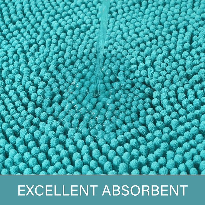 LOCHAS Luxury Bathroom Rug Shaggy Bath Mat 24 x 44 Inch, Teal Blue | Washable Non Slip Bath Rugs for Bathroom Shower, Soft Plush Chenille Absorbent Carpets