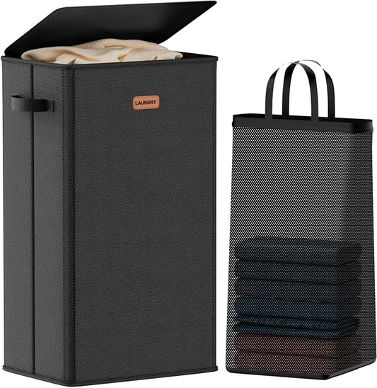 100L Laundry Hamper with Lid, Large Clothes Hampers with Removable Bag, Collapsible Laundry Basket for Bathroom, Bedroom, Laundry Room, Dorm, Black
