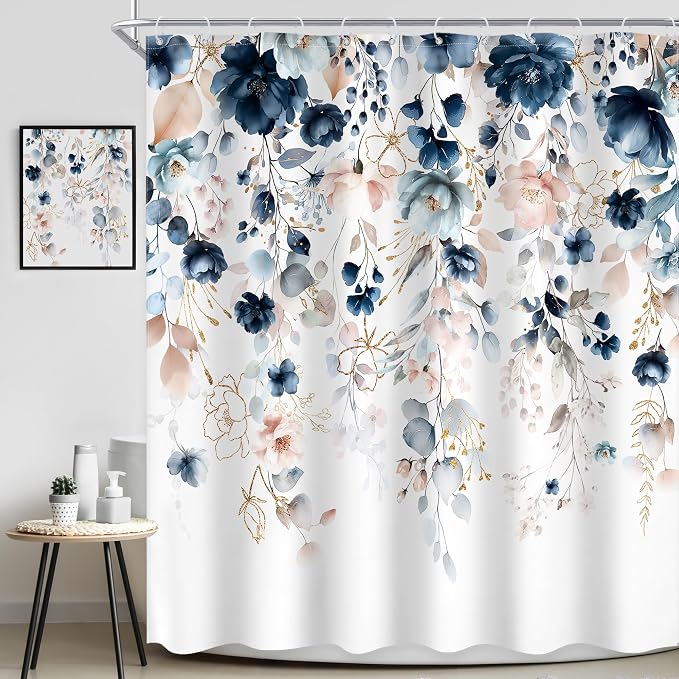 Extra Long Flower Spring Blue Pink Bathroom Shower Curtain Set | 72"W x 78"L Floral Wilfflower look, waterproof HD printed shower curtain, quick-dry fabric and free hooks.
