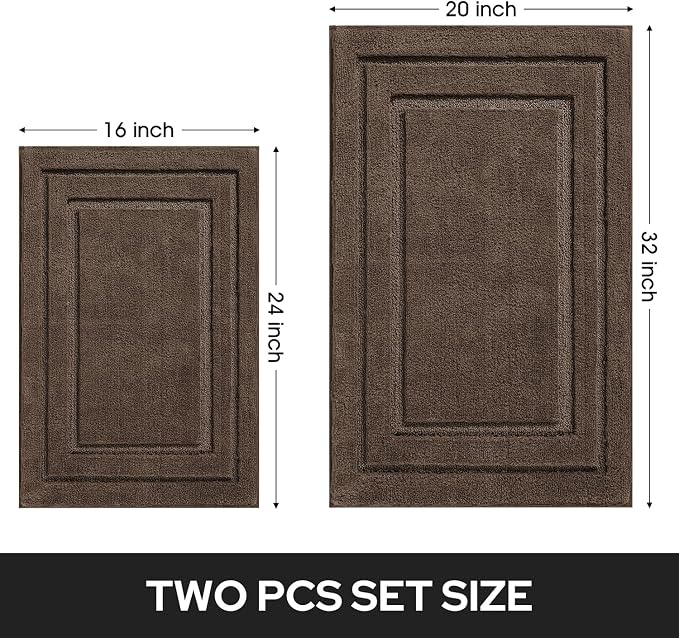 HOMEIDEAS Bathroom Rugs Sets 2 Piece, Super Soft and Absorbent Non Slip Microfiber Machine Washable Bath Mat Set (20" x 32" + 16" x 24", Brown)