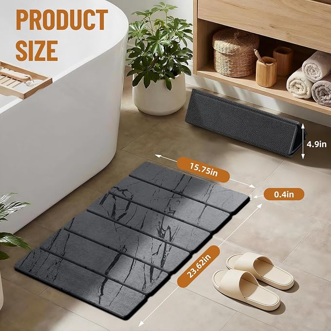 Luxspire Stone Bath Mat, Stone Shower mat Foldable 24x16, Marble Gray | Quick & fast drying diatomaceous earth, Non-slip rubber base, Easy-clean surface for bathroom floor & outside shower