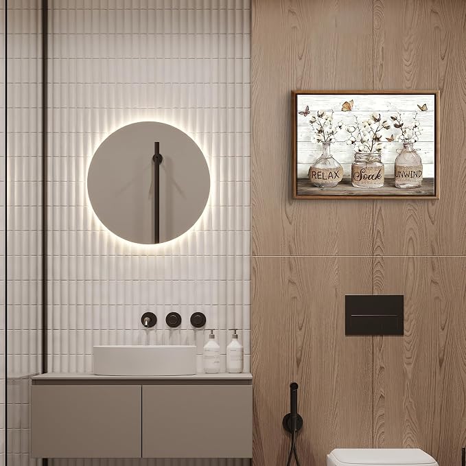 BJVJKSU Framed Farmhouse Bathroom Wall Art Brown Rustic Cotton Flower Bathroom Canvas Wall Decor Relax Soak Unwind Sign Painting Print Vintage Aesthetic Picture Artwork Decor(16x24in)