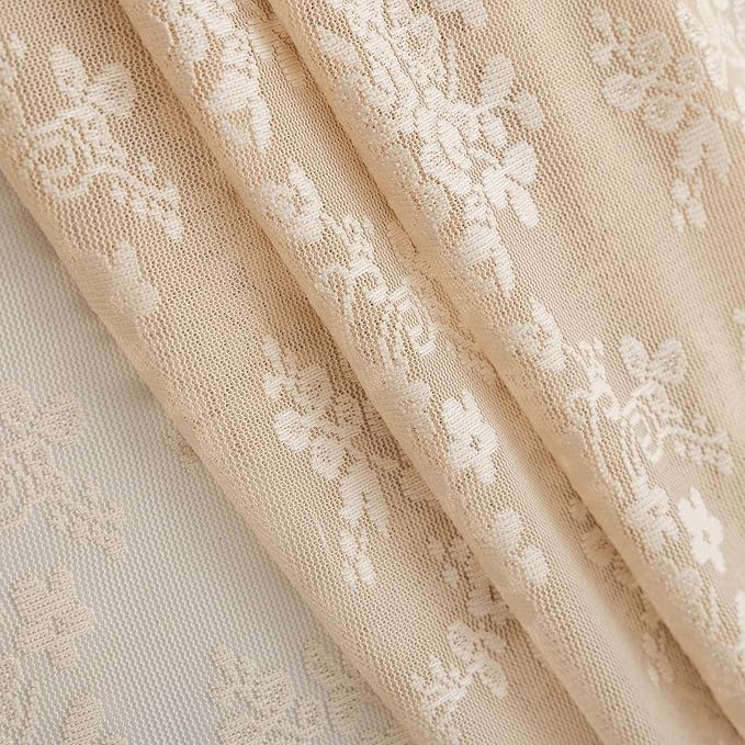 TUDECO Extra Long Beige Lace Shower Curtain with Valance, 72 x84 Inch | Antique Vintage, Floral Pattern, Tall Bathroom Curtain, Scalloped Edges, Light Filtering, Soft Privacy, Reinforced Holes