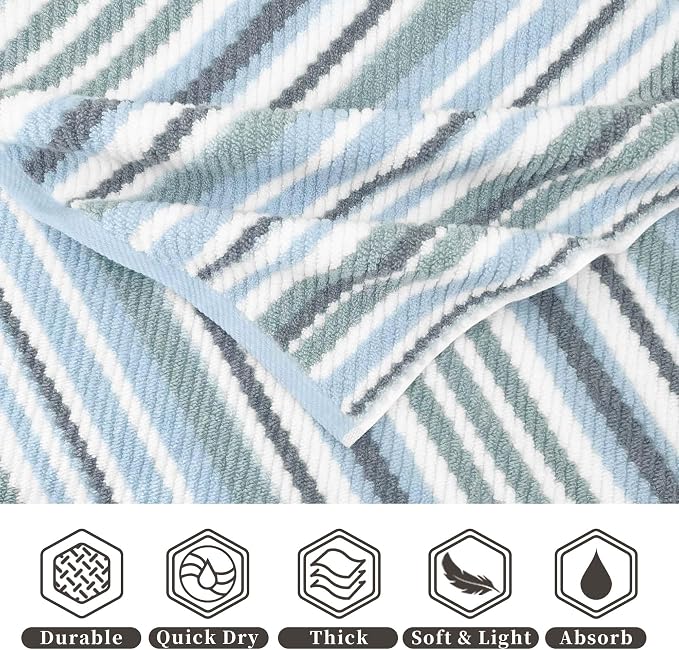 VOOVA & MOVAS Blue Striped Towels 3 Pack, 100% Cotton | Designed for Luxury Bathroom Use, 13x13, 16x27, 28x52 In, Quick Dry, Soft, Absorbent, Bath Towels with Hanging Loops