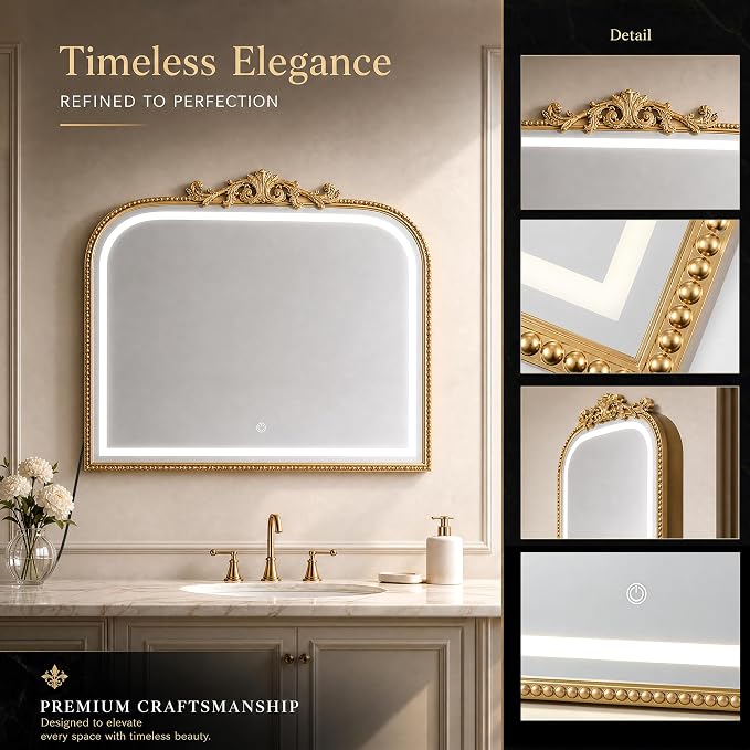 33x26 LED Mirror with Lights Gold Arched Bathroom Vanity Mirror | Gold arched LED bathroom mirror with lights, 33x26 inch wall mirror, touch control vanity mirror for bathroom, home decor