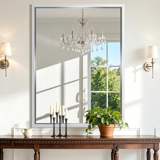 COFENY Bathroom Mirror, 30x40 Brushed Silver Rectangle Mirrors, Thickened Deep Metal Frame Bathroom Vanity Mirrors for Over Sink, Bedroom, Entryway, HD Tempered Glass, Horizontally or Vertically