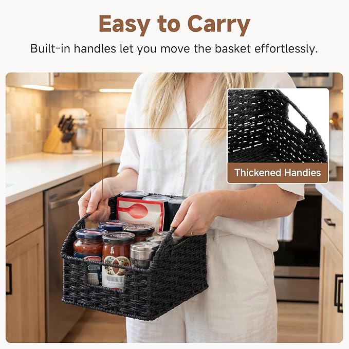 StorageWorks Pantry Organizers and Storage, Black Wicker Baskets, 2-Pack | Paper Rope Wicker Baskets with Handles, Handwoven Pantry Baskets for Shelves,Wicker Storage Baskets for Shelves,Black Baskets