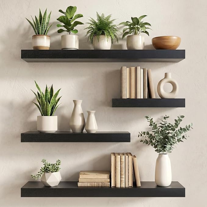 36 in Floating Shelves for Wall Decor Color Black,Pack 2 | Modern floating shelves for living room,bedroom,kitchen and bath.Organize & display books,photos and decor.easy mount,sturdy.