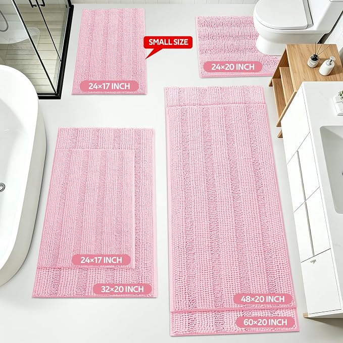Christmas Striped Pink Bathroom Rug Set 3 Pieces Ultra Soft, Non Slip Chenille Toilet Mat, Absorbent Plush Shaggy Bath Mats for Bathroom, Bedroom, Kitchen
