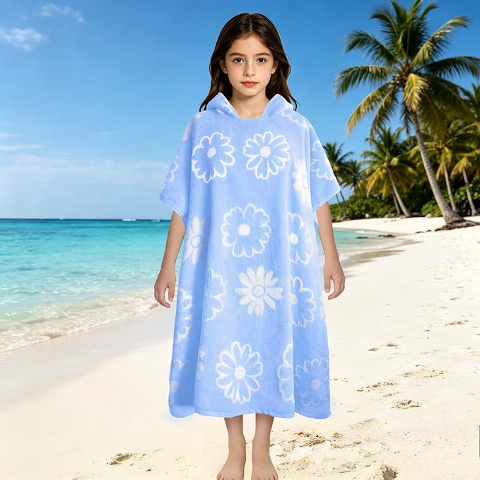 VOOVA & MOVAS Big Kids Hooded Poncho Towel, 8 Years UP,Blue Daisy | Fresh Blue Daisy Jacquard Print, Gentle Texture, 100% Cotton,High Absorbency & Fast Drying for All Water Activities