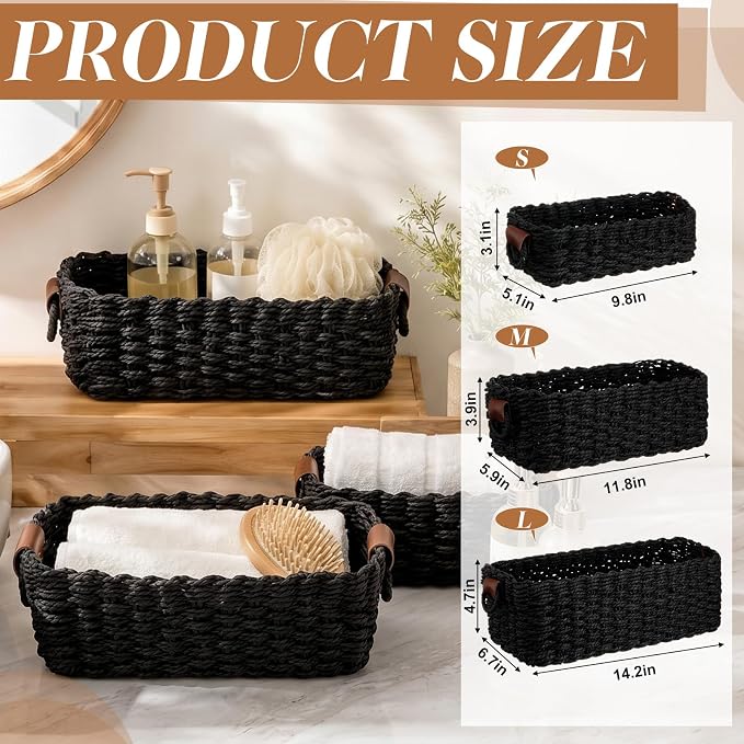 Black Set of 3 Paper Rope Storage Baskets, Large Medium Small Woven Nesting Storage Container with Handles for Closet, Pantry, Bathroom, Shelf Organization Rustic Farmhouse Decor