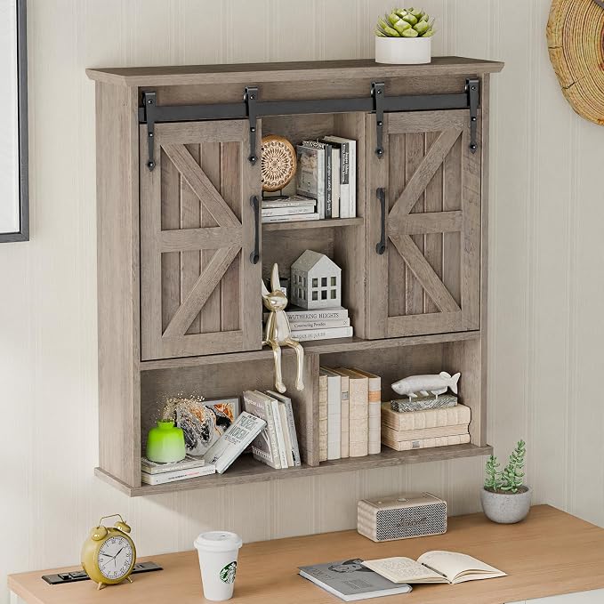 Vabches Bathroom Wall Cabinet, Farmhouse Medicine Cabinet, Washed Oak | Wooden Vintage Storage Cabinet Wall Mounted with Double Sliding Barn Door and Adjustable Shelf for Bathroom, Kitchen