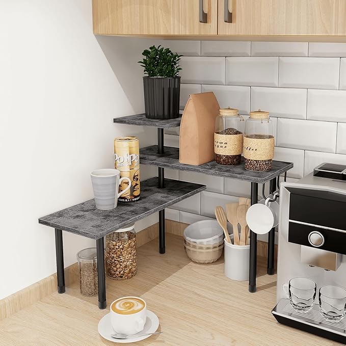 Kitchen Countertop Organizer, 3 Tier Corner Shelf Bathroom Counter Organizer, Wooden Counter Shelf Stand Space Saver, Easy Assembly, Rustic Grey