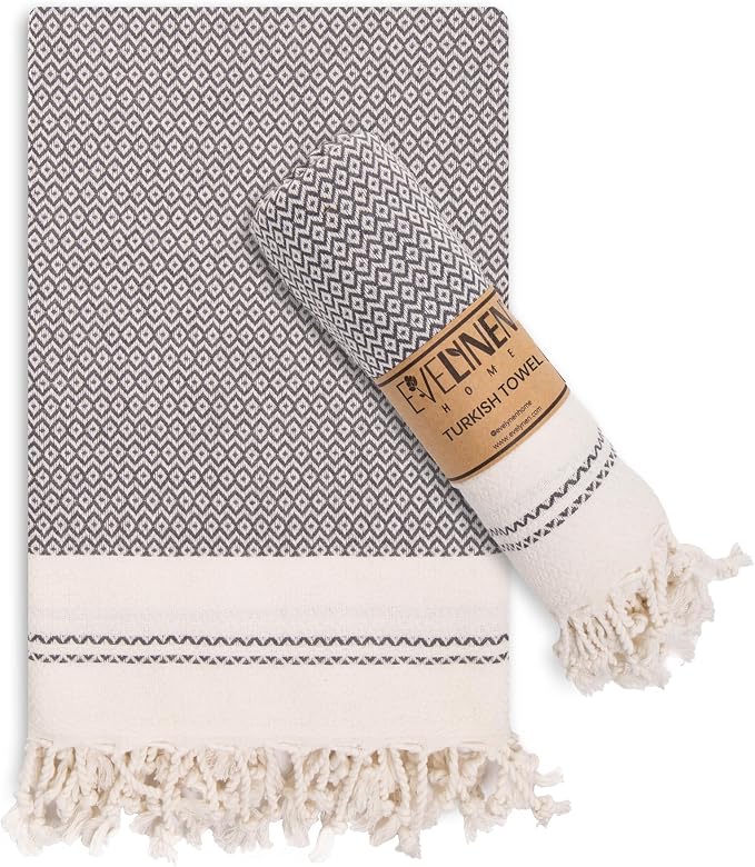 Evelynen Turkish Hand Towels for Bathroom & Kitchen Towels Decorative Set of 2 | Boho Farmhouse Hand Towels with Hanging Loops for Face, Dish, Kitchen & Bath |(16" x 32" - Dark Grey)