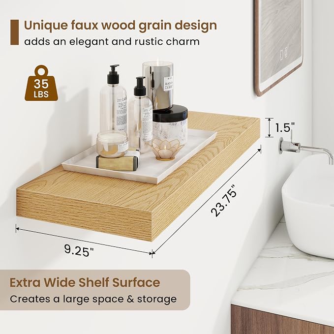 Marsmiles 9.25in Depth 24in Floating Shelves, 24x9.25x1.4, Oak, Set of 2 | Wall Mounted Engineered Wood Shelves, Invisible Brackets for Living Room, Bedroom, Bathroom, Kitchen Decor and Storage