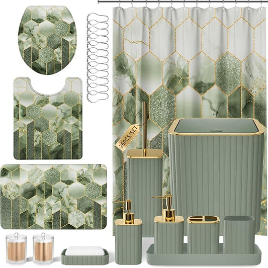 XLHOMO Bathroom Set - 26PC Bathroom Set with Shower Curtain and Rugs, Bathroom Accessory Set, Sage Green Bathroom Accessories Set, Trash Can & Soap Dispenser